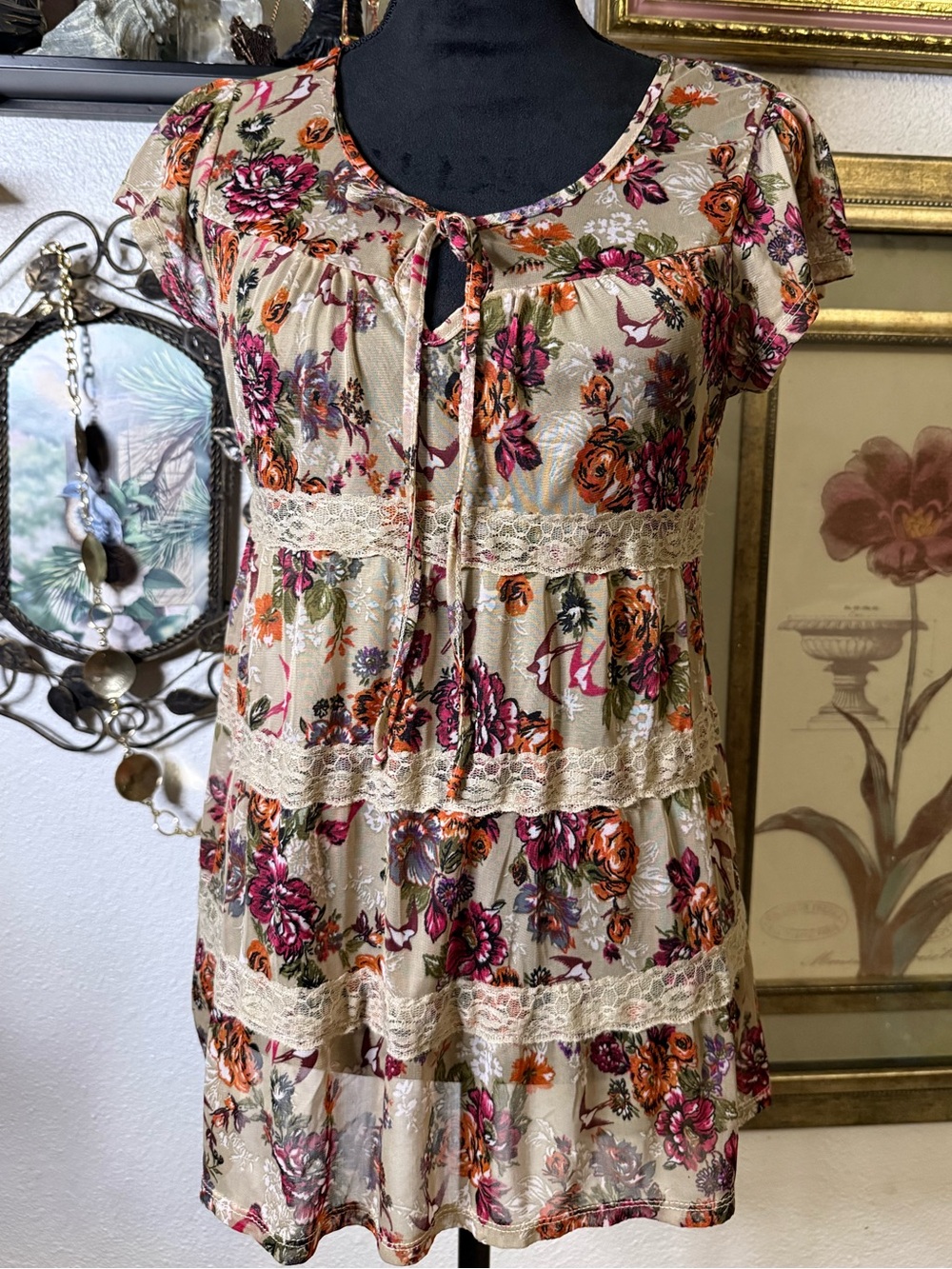 Self Esteem Vintage Y2K Floral Mesh Tiered Tunic Top  - •Size L•